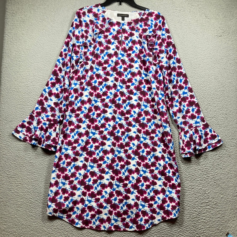 Banana Republic Shift Dress Women L Tall White Purple Floral Ruffle Bell Sleeve
